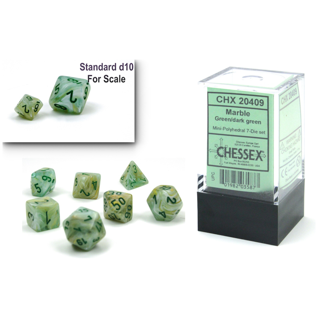 Dice - 7 Piece Mini Marble Dice Set (Green/Dark Green)