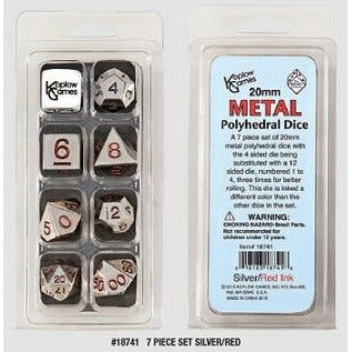 Dice - 7 Piece Metal Silver/Red Dice (20MM)