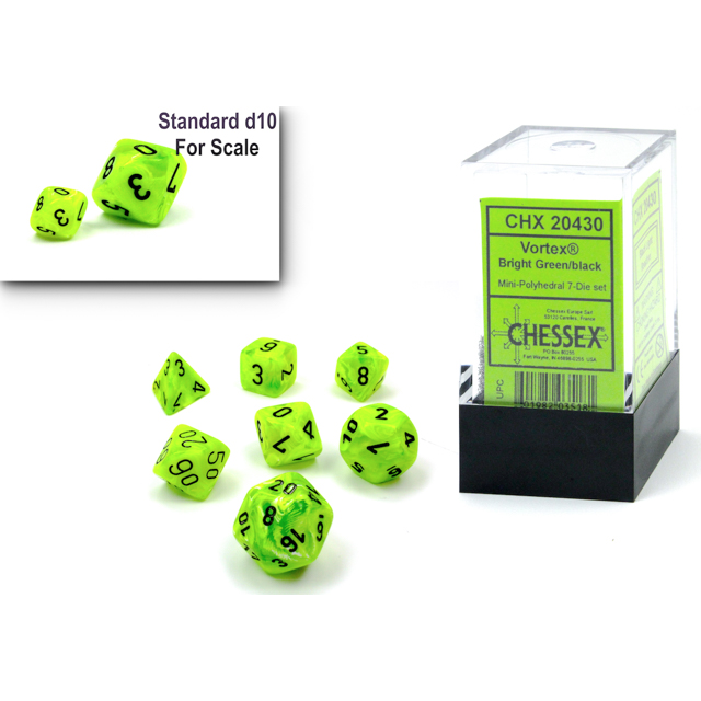 Dice - 7 Piece Mini Vortex Dice Set (Bright Green/Black)