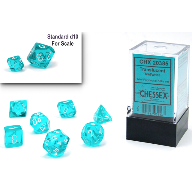 Dice - 7 Piece Mini Translucent Dice Set (Teal/White)
