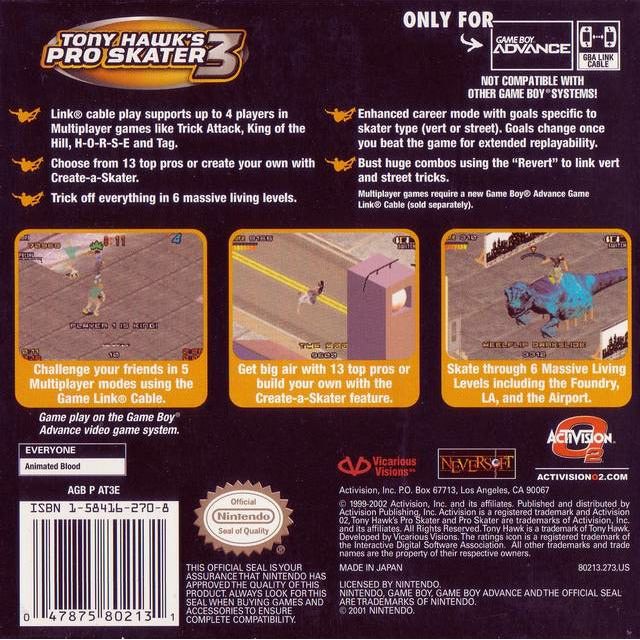 GBA - Tony Hawk's Pro Skater 3 (cartouche uniquement)