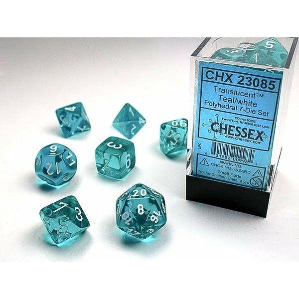 Dice - 7 Piece Translucent Dice Set (Teal/White)