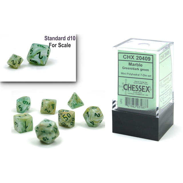Dice - 7 Piece Mini Marble Dice Set (Green/Dark Green)