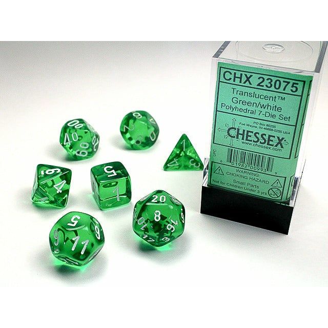 Dice - 7 Piece Translucent Dice Set (Green/White)