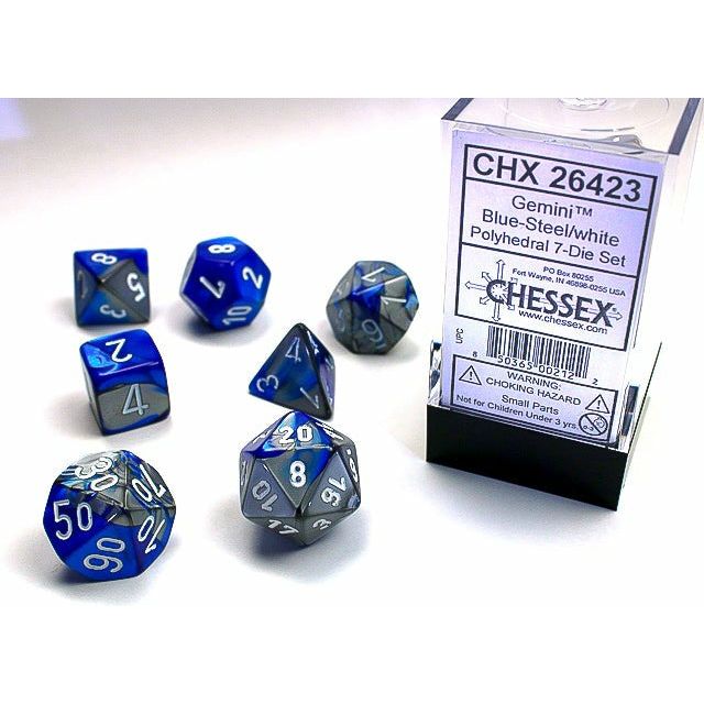Dice - 7 Piece Gemini Dice Set (Blue/Steel&White)