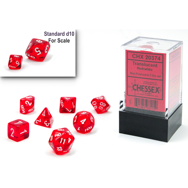 Dés – Mini jeu de dés translucides 7 pièces (rouge/blanc)
