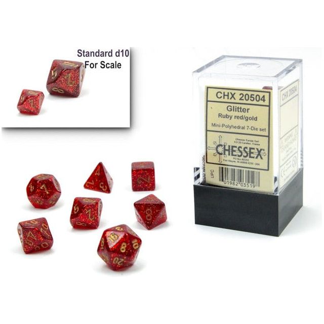 Dice - 7 Piece Mini Glitter Dice Set (Ruby Red/Gold)