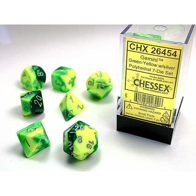 Dés - Ensemble de dés Gemini 7 pièces (vert/jaune et argent)